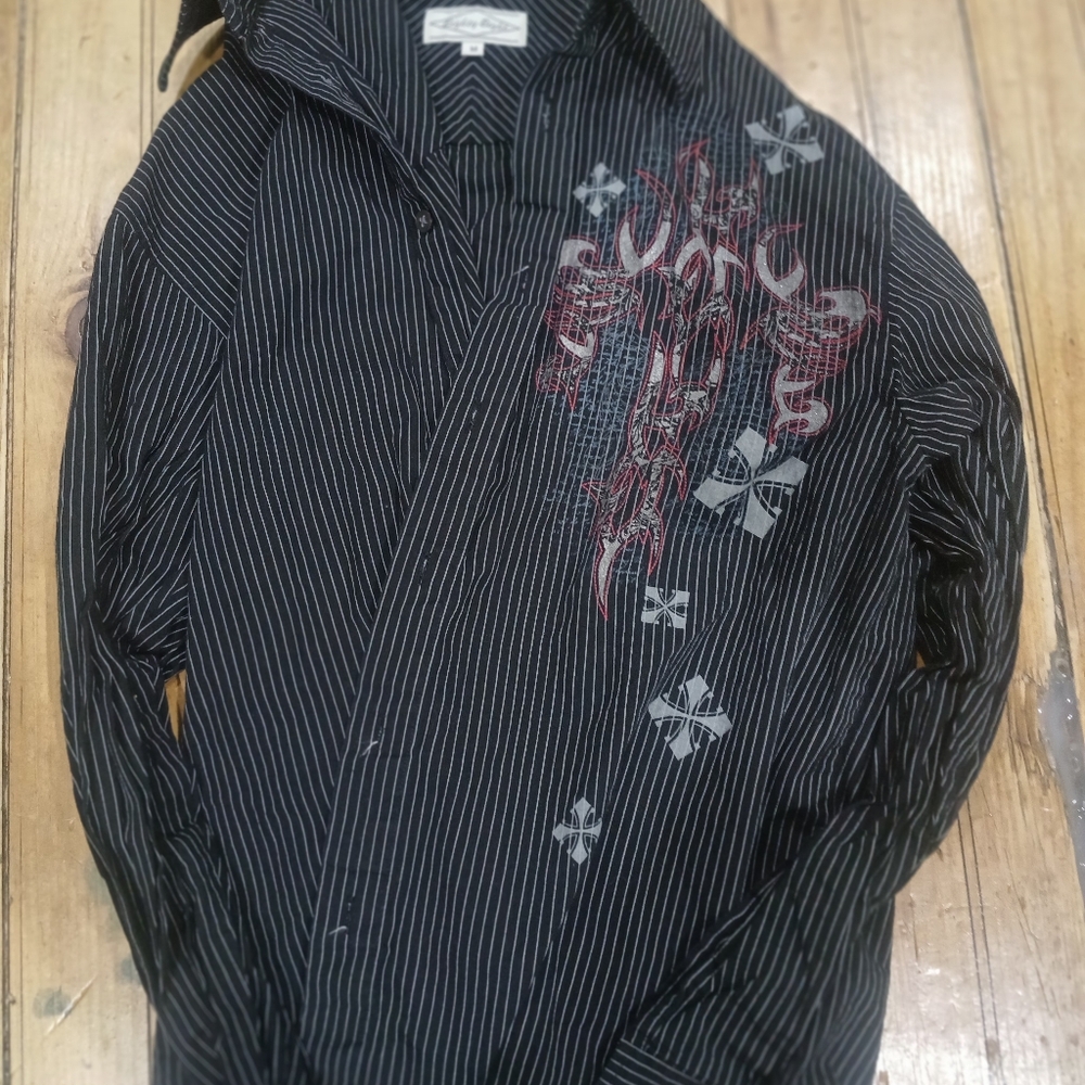 Mens Size S/M Y2K ROYAL CROSS black Pinstripe Dress Shirt